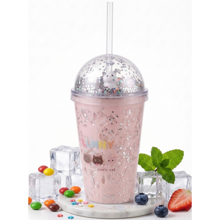 Pahar cu Capac si Pai Aurov®, model Lovely Cat cu Confetti si Stelute, Pentru Bauturi Racoritoare si Calde, Plastic premium fara BPA, Perete dublu Rezistent, 450 ml, Roz Pal