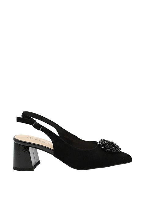 Pantofi decupati Anna Viotti cu varf ascutit si aplicatie floare, negri din piele intoarsa GOR6379, Negru