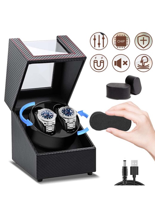 Automata Forgó Óratartó Doboz, PU bőr + üveg + fém anyag, Prémium kijelző, Két nyílás, Kettős tápellátás, USB töltés, Csendes, Antimágneses, Ajándéknak is alkalmas ünnepre