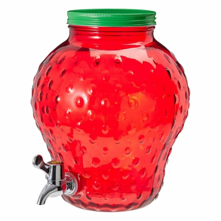 Italadagoló, HowHomely, Eper Forma Praktikus Csappal, Fém Fedél, Ideális Partikra és Kertbe, Limonádéhoz és Gyümölcsléhez, Egyedi és Elegáns Design, Stabil Konstrukció, 4L, Piros