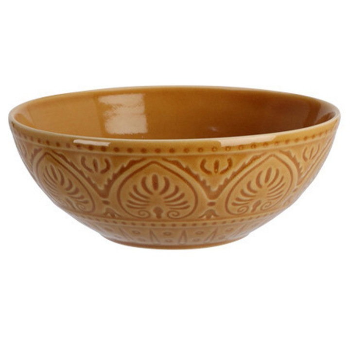 Bol Din Gresie Ceramica, Koopman, Cu Model Imprimat Cu Frunze, Structura Durabila Si Eleganta, Utilizare Multifunctionala, Ideal Pentru Servirea Supelor Salatelor Si Mancarurilor, Diametru 15 cm, 650 ml, Galben