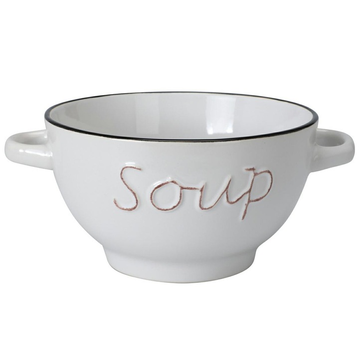 Bol Pentru Supa, Siaki Collection, Din Gresie Ceramica Sigura Pentru Alimente, Doua Toarte Laterale Stabile Pentru Prindere Sigura, Ideal Pentru Servirea Supelor Calde Sau A Salatelor, Dimensiuni 18x13.5x8 cm, 650 ml, Crem