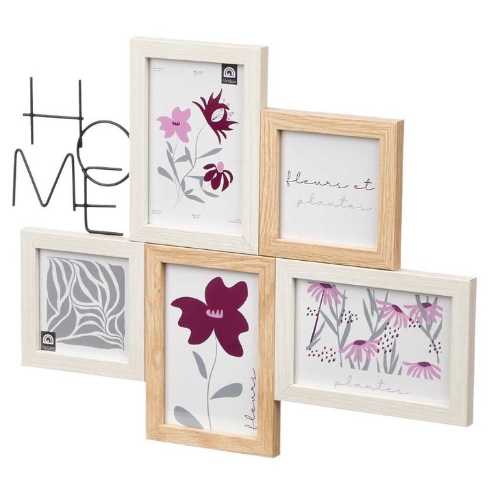 Többszörös képkeret, GIFTDECOR, HOME Dekoratív Kollázs 5 Fényképhez, Fa Hatású Műanyag és Fém Szerkezet, 3 db 10x15 cm-es és 2 db 10x10 cm-es Képhez, Fali Dekoráció Nappaliba és Hálószobába, Ideális Ajándék, Többszínű