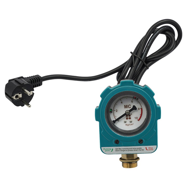 Nyomáskapcsoló szivattyúhoz, Elektronikus nyomásszabályzó, Teljesítmény 1,5 kW, 220 V, IP65, NPT 1/2″ (1,27 cm), Tartomány 0–10 kg/cm², EU csatlakozó, Zöld
