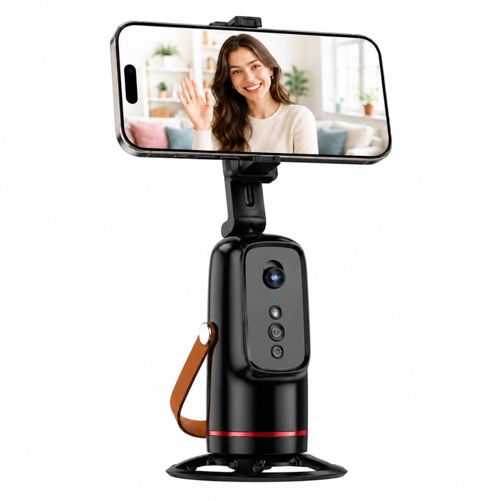 Stabilizator Gimbal pentru Telefon, Suport Smart cu Urmarire Automata AI 360°, Face Tracking, Control prin Gesturi, Filmare Hands-Free, Pliabil si Portabil, pentru TikTok, Vlog, Live Streaming, Negru