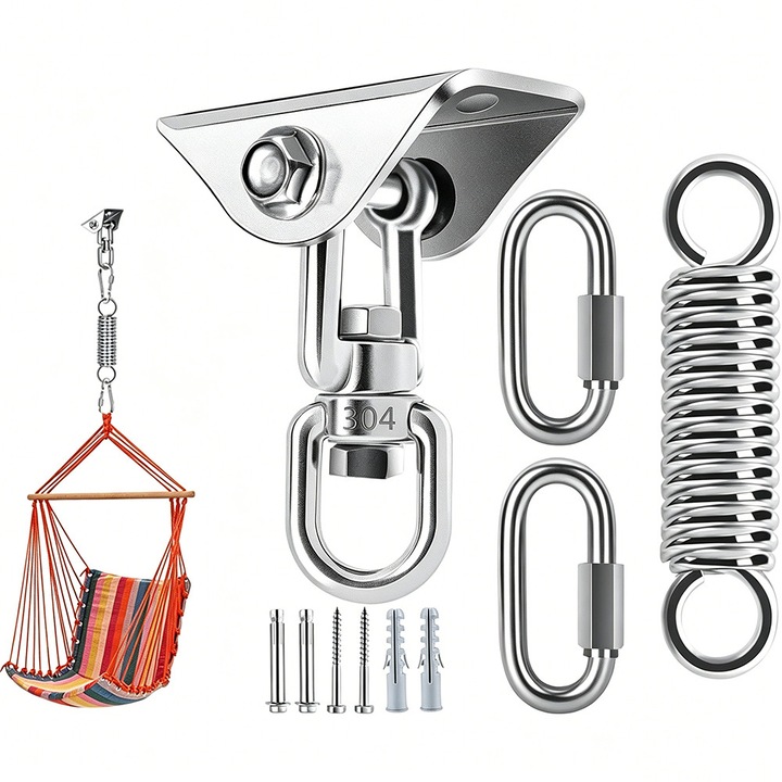 Suporturi Balansoar Rezistente, Bedee, Carlig De Tavan Pentru Hamac, Capacitate 400kg, Rotire La 360°, Otel inoxidabil, cu 3 carlige tip carabina pentru agatarea scaunului, sac de box, prosop de yoga, Argint