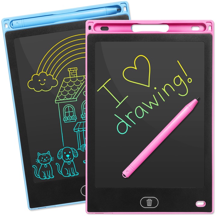 Set 2 tablete LCD pentru copii, 8, 5 inch, rucsac educativ, tableta de desen si scris reutilizabila, interactiva, cu rucsac, culori albastru si roz, pentru acasa, masina, avion, dezvoltare creativa