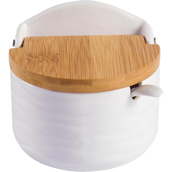 Recipient ceramic pentru zahar si sare cu capac si lingura din bambus, 270 ml, alb, 10.5x9.5 cm