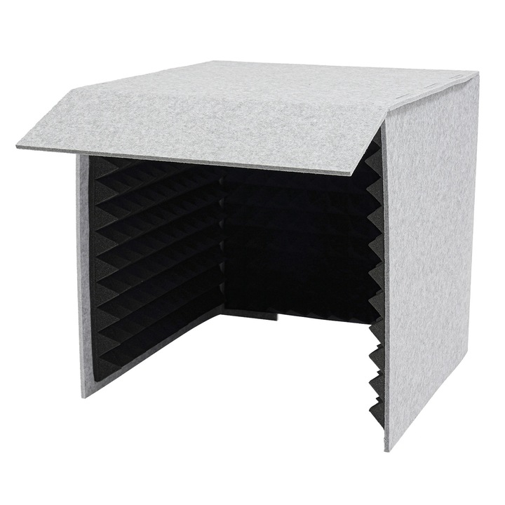 Husa fonoizolanta, Cabina de microfon de birou portabila, 60×60×60 cm, panouri 12 mm, spuma 50 mm, deflector 20 cm, Albastru