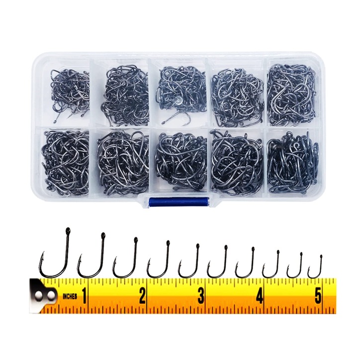 300 db-os karbon horgászhorog készlet, 10 méret, strapabíró, vegyes színek