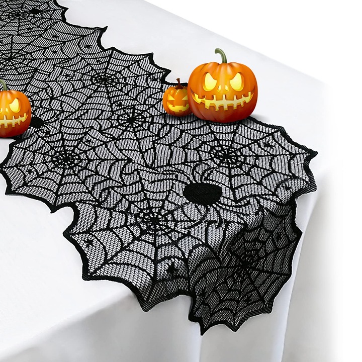 Halloween asztalterítő, fekete háló, pókháló minta, 45x183cm