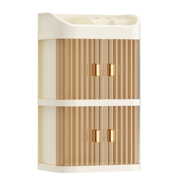 Organizator machiaj 3 niveluri, capacitate mare, crem galben, 24x15.5x40cm