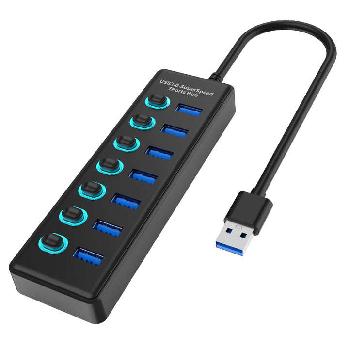 USB 3.0 хъб със 7 порта с индивидуални превключватели и LED индикатор, черен, компактен