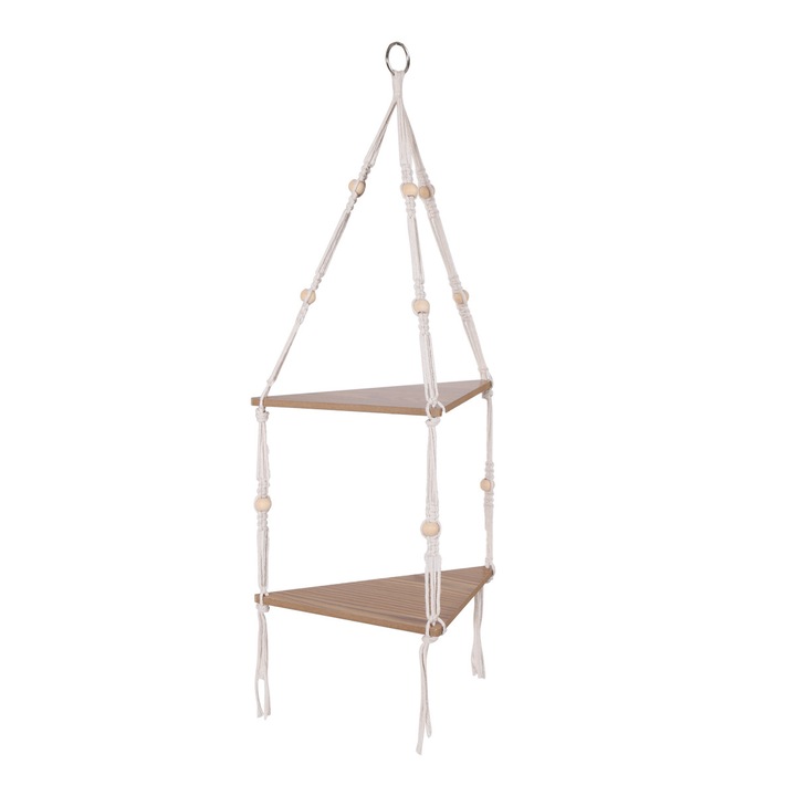 Függő sarokpolc fából, két szintes, rusztikus, 65cm, barna