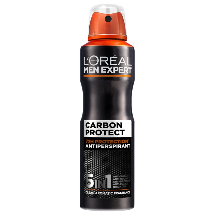 Antiperspirant spray 5-in-1 L'Oreal Paris Men Expert Carbon Protect pentru barbati, eficacitate ridicata, protectie 48 de ore, format XXL, 250 ml