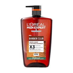 Gel de dus hidratant 5-in1 L'Oreal Paris Men Expert Barber Club pentru bărbați - corp, fata, par, barba și hidratare, conține ulei esențial din lemn de cedru, format XXXL, 1000 ml