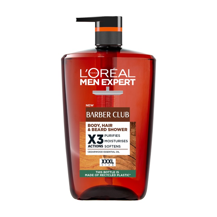 Gel de dus hidratant 5-in1 L'Oreal Paris Men Expert Barber Club pentru barbati - corp, fata, par, barba si hidratare, contine ulei esential din lemn de cedru, format XXXL, 1000 ml