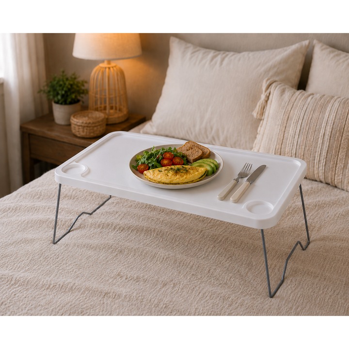 Masuta multifunctionala robusta pentru servire la pat / Masuta de laptop cu picioare metalice pliabile - Sustine pana la 10 kg - 58 cm lungime x 36 cm latime x 24 cm inalime