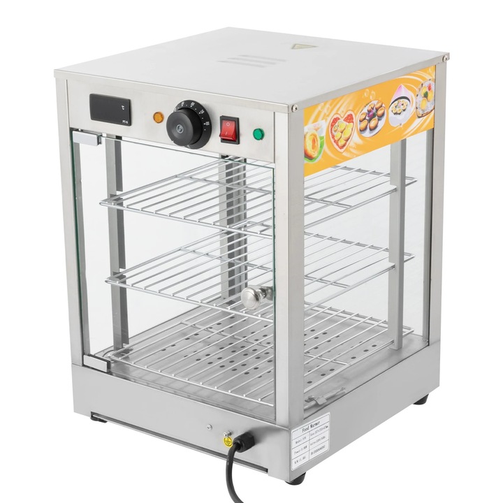 Търговски нагревател за храна, Настолна отопляема витрина на 3 нива, 800 W, Дигитален термостат и дисплей, Топло осветление, Неръждаема стомана 201 и стъкло, Червен