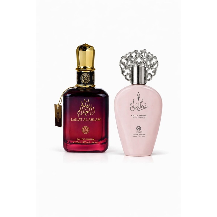 2 db Unisex Arab Parfüm Szett Lailat Al Ahlam & Avel Eau de Parfum 100ml + 100ml, Édes és Virágos Keleti Illatok, Hosszú Tartósság