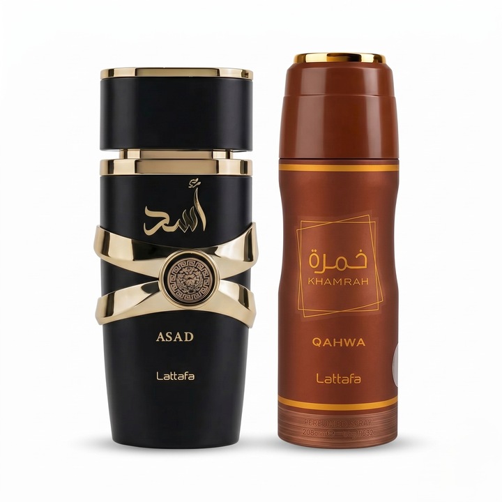Set Lattafa: Apa de Parfum Asad (100 ml) + Deodorant Spray Khamrah Qahwa (200 ml)