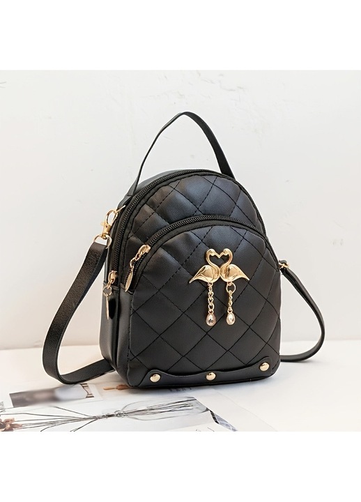 LUXWTB Geanta de umar/rucsac nou stylish pentru femei, din PU, negru, cu decor lebada, inchidere cu fermoar – ideal pentru utilizare zilnica si cadouri festive