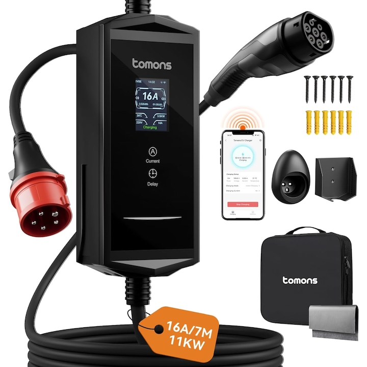 Statie de incarcare portabila EV Tomons 11kW (Mobile Wallbox), Type 2 7m, 400V trifazic 6-16A reglabil, aplicatie Bluetooth, ecran LCD 2.4”, IP65, timer, compatibil Tesla Model 3/Y, VW ID.3/4/5/7