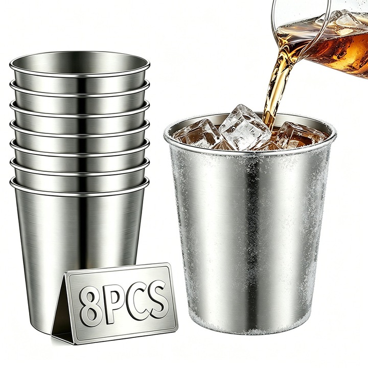 8 db rozsdamentes acél pohár készlet, Bedee, 260 ml, Rozsdamentes acél, Nem könnyen törhető, születésnapokra, piknikekre, partikra, esküvőkre, Ezüst