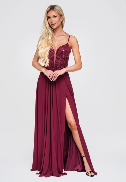 Rochie maxi de seara cu decolteu adanc si detalii cu paietE, Visiniu