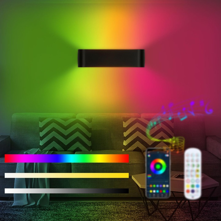 Aplica LED smart RGB Lightess, control telecomanda si aplicatie, dimabila, sincronizare muzica, 16 milioane culori, 213 moduri, negru