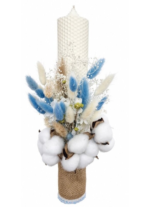 Lumanare, tip fagure, din ceara naturala, cu flori criogenate si bumbac, ivory, 35 cm