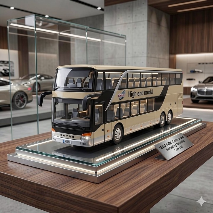 Setra emeletes busz fém modell, 1:30 méretarány, visszahúzós motor, működő ajtók és csomagtartó, belső világítás és hangok, arany
