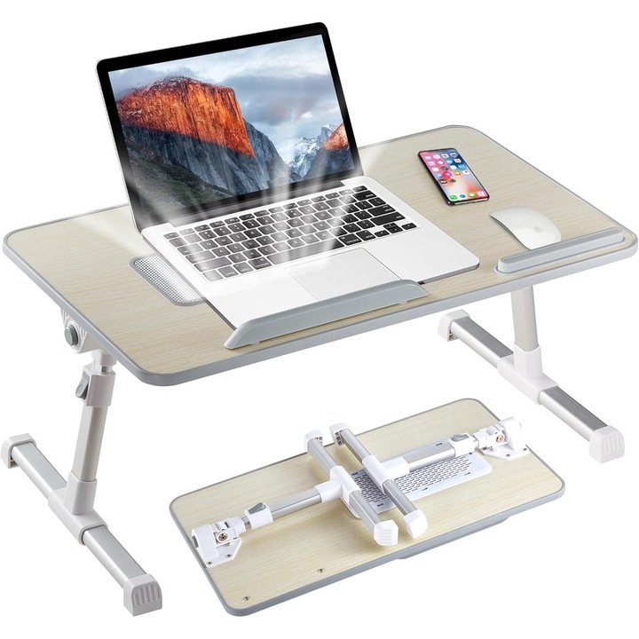 NextWave® Összecsukható Laptop Asztal, USB Hűtőventilátor, Állítható Dőlésszög, Állítható Tartó Ágyhoz és Kanapéhoz, Összecsukható Lábak, Egérpad Hely, Csúszásgátló Tartó, akár 17 hüvelykes Laptophoz, Munkához, Olvasáshoz, Íráshoz, Fa