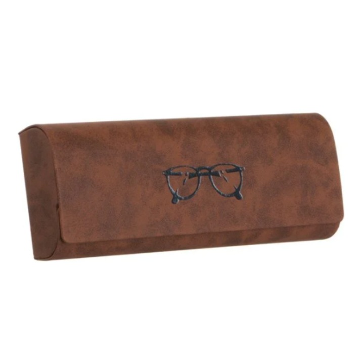Toc pentru ochelari, CRT, Max Protect, Rigid, Metal, Piele ecologica, 16 x 5.5 x 3.8 cm, Maro