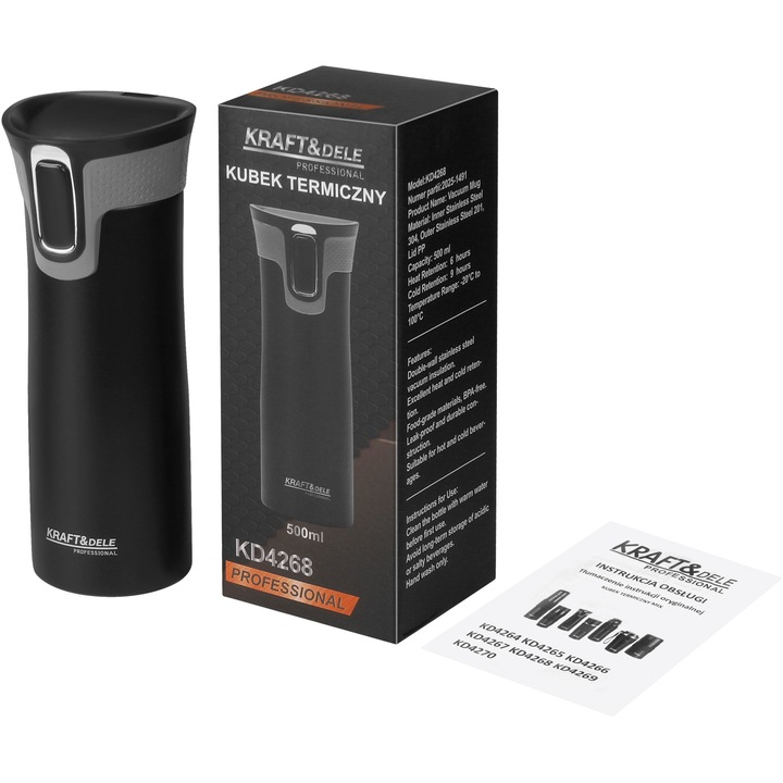 Cana termica 500ml otel inoxidabil pereti dubli etansa deschidere one touch silicon antiderapant (KD4268)