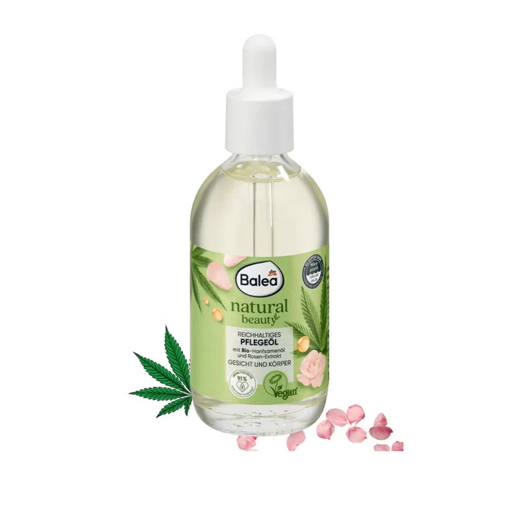Balea Natural Beauty gazdag bőrápoló olaj bio kenderolajjal és rózsakivonattal, 100 ml