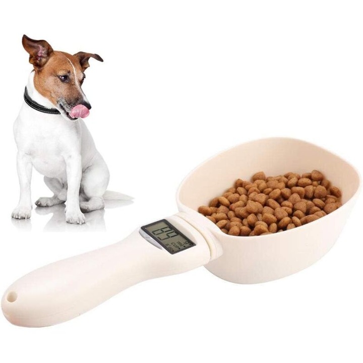 Mérőkanál / mérőpohár háziállat eledelhez, LCD kijelzővel, 500 g kapacitás, levehető PP pohár, Krém, 1 db