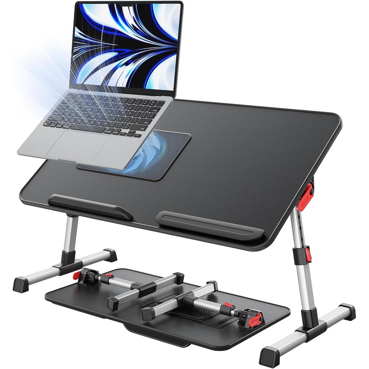 NextWave® Összecsukható Laptop Asztal, USB Hűtőventilátor, Állítható Dőlésszög, Állítható Tartó Ágyhoz és Kanapéhoz, Összecsukható Lábak, Egérpad Hely, Csúszásgátló Tartó, akár 17 hüvelykes Laptopokhoz, Munka, Olvasás, Írás, Fekete