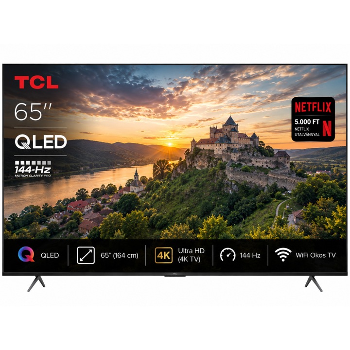 TCL 65" UHD 4K QLED Okos TV, 164 cm képátló, 144 Hz, Wifi, HDMI, Falra szerelhető, Netflix