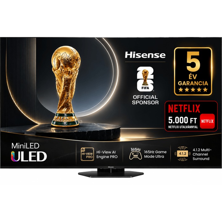 Hisense 75" UHD 4K MiniLED Okos TV, 189 cm képátló, 165 Hz képfrissítés, Wifi, HDMI, Falra szerelhető, Netflix