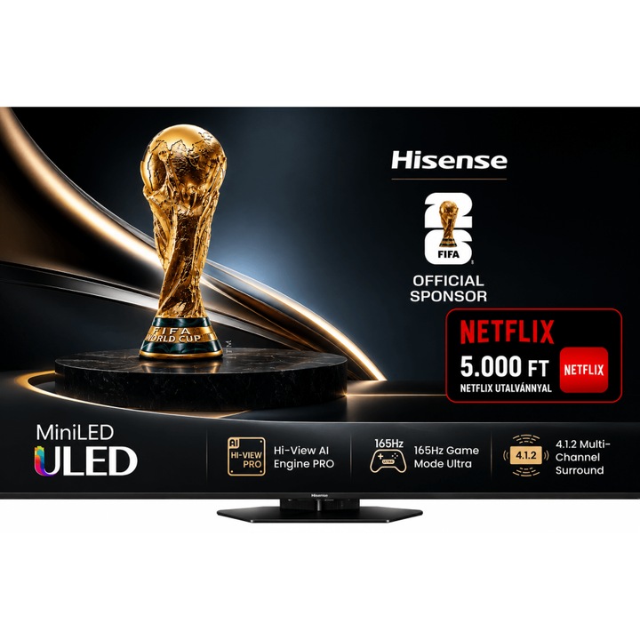 Hisense 75" UHD 4K MiniLED Okos TV, 189 cm képátló, 165 Hz, Wifi, HDMI, Falra szerelhető, Netflix