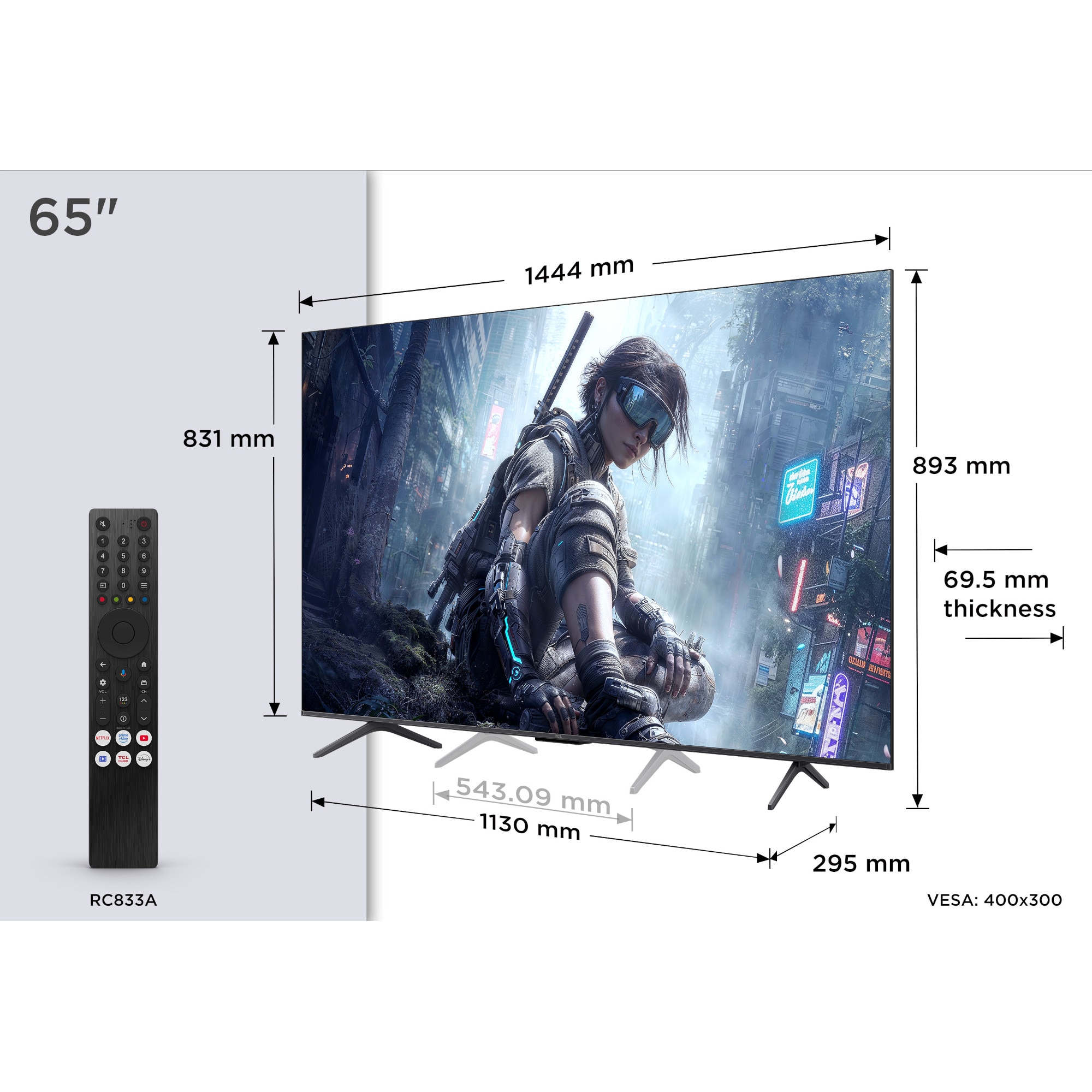 Televizor TCL QD-MiniLed 65T8D, 164 cm, Smart Google TV, 4K Ultra HD, 144Hz, Clasa F