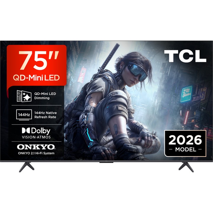 Телевизор Smart QLED TCL 75T8D, 189 см, 4K Ultra HD, Smart Google TV, Клас E