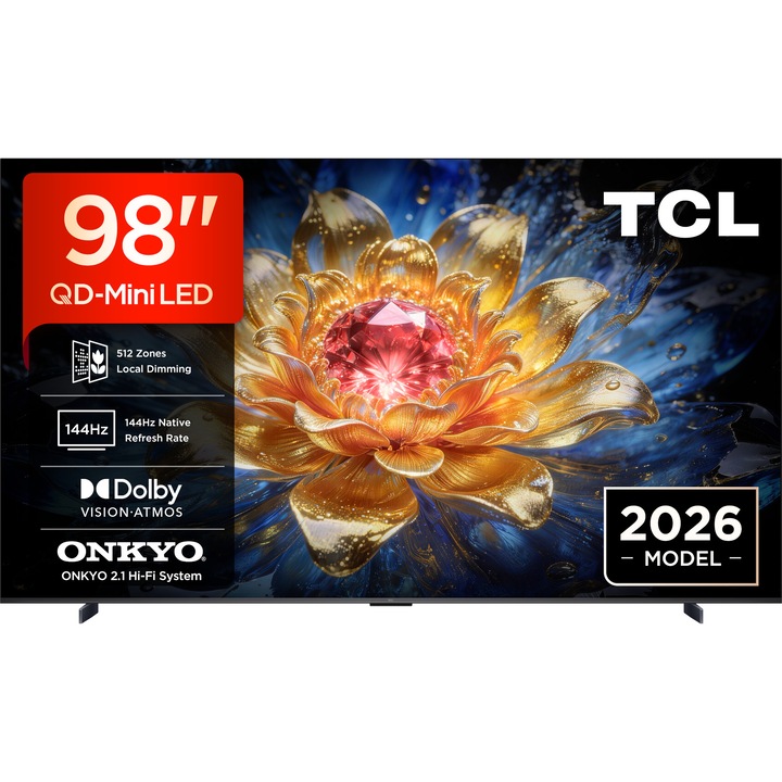 Televizor Smart Mini LED TCL 98T8D, 245 cm, 4K Ultra HD, Smart Google TV, Clasa E