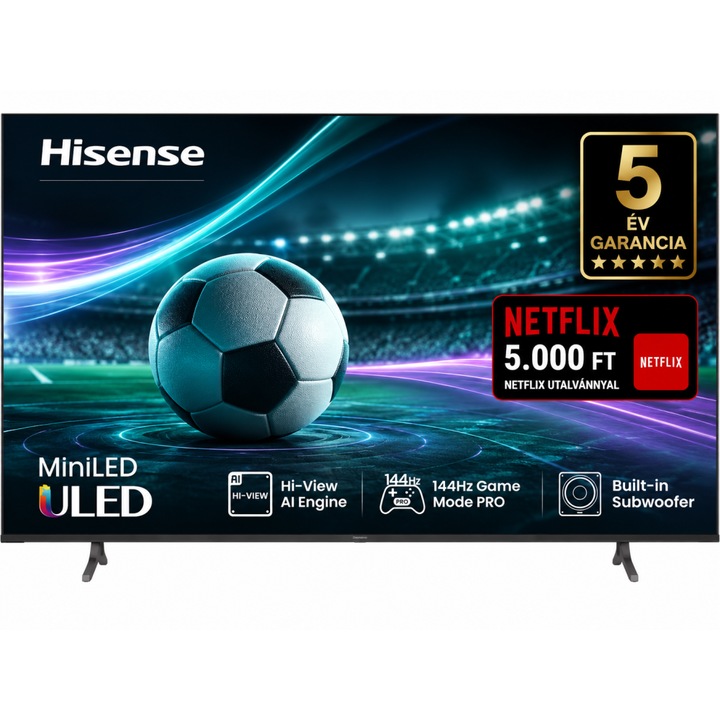 Hisense 75" UHD 4K MiniLED Okos TV, 189 cm képátló, 144 Hz képfrissítés, Wifi, HDMI, Falra szerelhető, Netflix