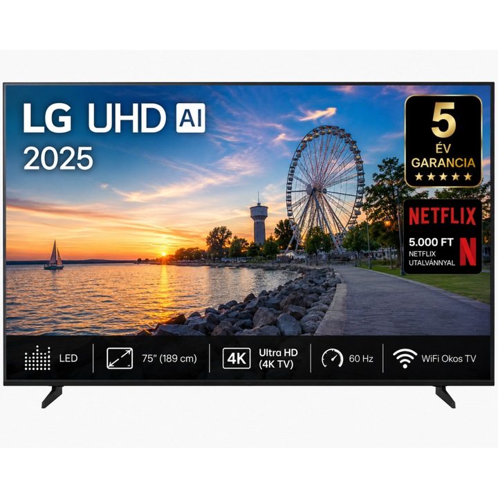 LG 75" UHD 4K AI Okos LED TV, 189 cm képátló, 60 Hz képfrissítés, Wifi, HDMI, Falra szerelhető, Netflix