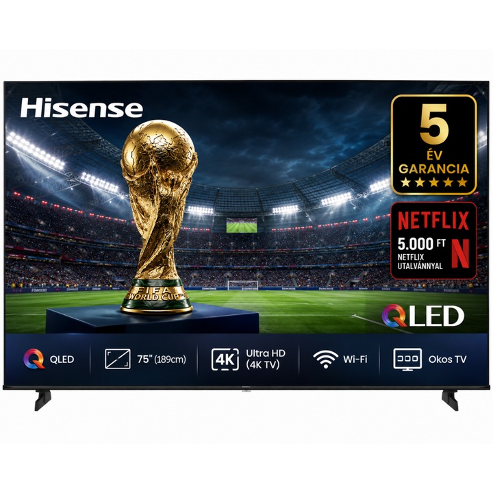 Hisense 75" UHD 4K QLED AI Okos TV, 189 cm képátló, 60 Hz képfrissítés, Wifi, HDMI, Falra szerelhető, Netflix