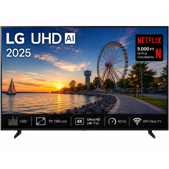 LG 75" UHD 4K AI Okos LED TV, 189 cm képátló, 60 Hz, Wifi, HDMI, Falra szerelhető, Netflix