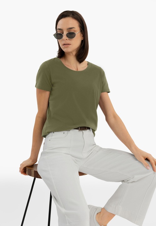 Női pamut póló, egyszínű, Regular Fit, kerek nyakú, Volcano T-Diana, khaki, Khaki