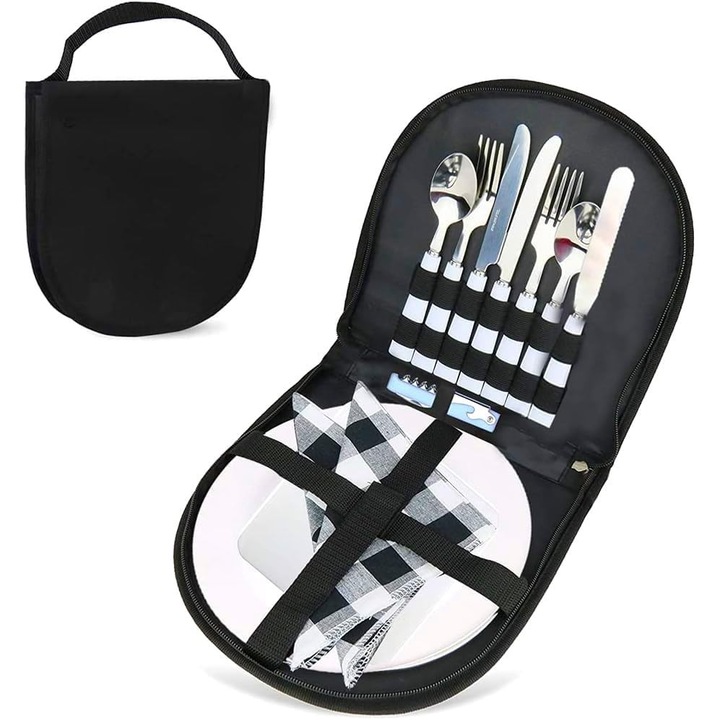 Set tacamuri portabil 13 piese inox, 2 persoane, cutite furculite linguri farfurii plastic, 22.5cm